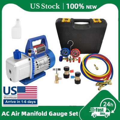 #ad AC Manifold Gauge Set 3 Ways Vacuum Pump HVAC Kit 4CFM 1 3HP Refrigeration Oil $89.99