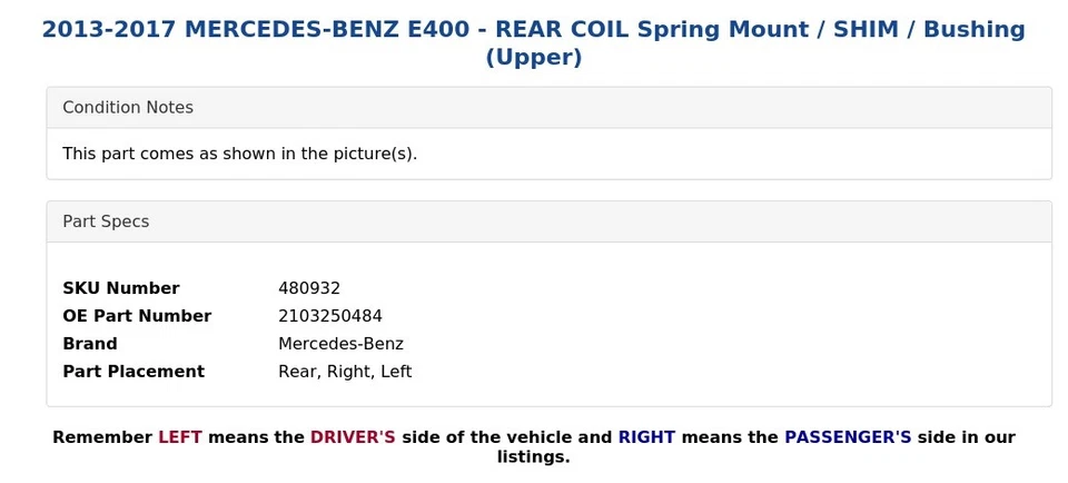 2013-2017 MERCEDES-BENZ E400 — крепление пружины задней катушки / прокладка / втулка (верхняя) - Изображение 4 из 4