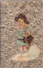 1910 Embossed Greetings Postcard Blonde Girl with School Slate / Chalkboard