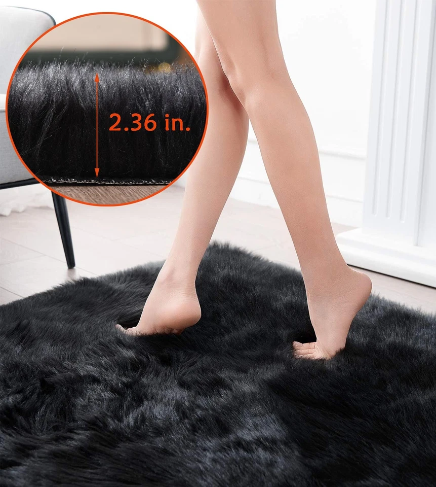 Alfombra mullida negra alfombra de piel de oveja de piel sintética peluda difusa para sala de estar dormitorio Foto 2 de 4