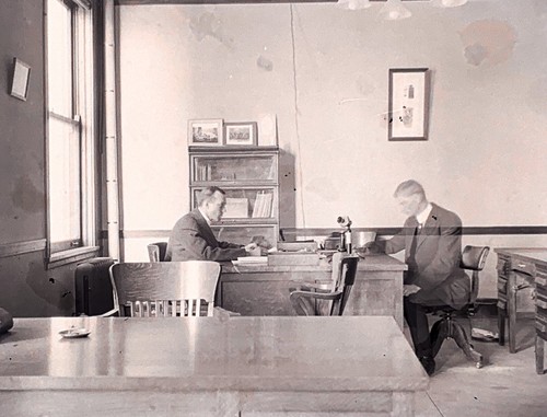 VINTAGE B/W PHOTO NEGATIVE - TWO MEN AT A DESK - ONE TRANSPARENT - GHOSTLY