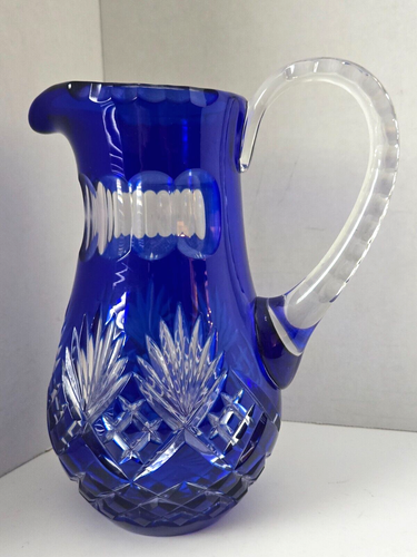 Vintage Cobalt Blue Cut to Clear Crystal Pineapple Hand-Cut Pitcher 9" Poland - Picture 8 of 10