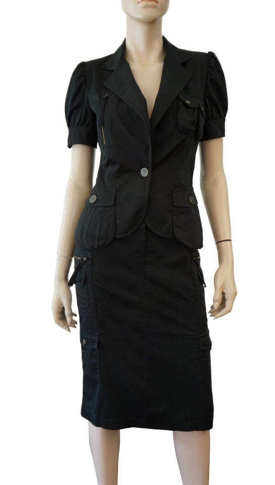 复古 ICEBERG 黑色棉工装夹克裙套装 42 美国 4 罕见完好! — 第 2/4 张图片