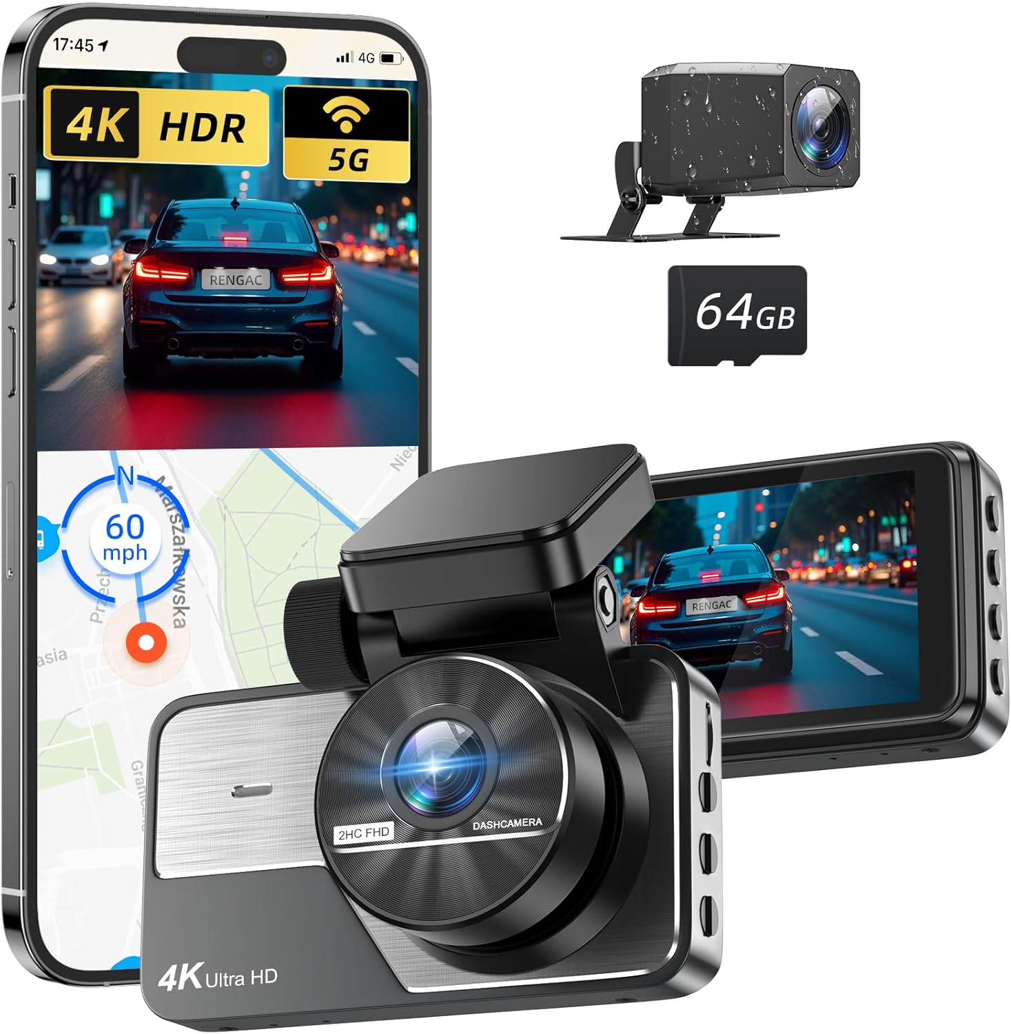 4K+2K Dual Dash Cam with 5G Wi-Fi for Front and Rear Car Recording