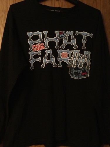 Black Phat Farm shirt with gray bones, skulls, and “92” text, featuring red and black farm scene graphic on front and sleeves.