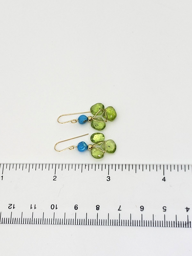 14k Yellow Gold Peridot Briolette and Sleeping Beauty Turquoise Dangle Earrings - Picture 9 of 10