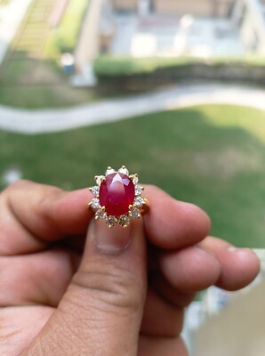 5.60 Ct Oval Cut Real Ruby & Diamond Engagement Ring 14K Solid Yellow Gold