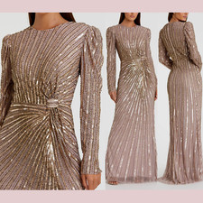 NWT $598 Mac Duggal [ 8 ] 5641 Embellished Puff Sleeve Side Knot Gown Mocha J746