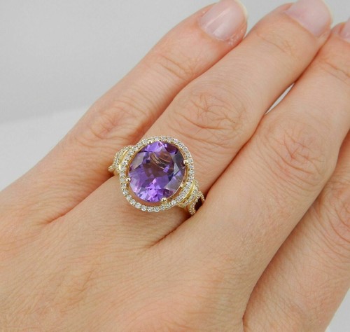 5.10 Ct Amethyst & Natural Diamond Halo Ring 14K Solid Yellow Gold - Picture 2 of 4