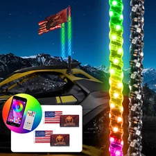 WEISEN Pair 3ft Whip Lights RGB LED Lighted Antenna w/ Flag&Remote For UTV ATV
