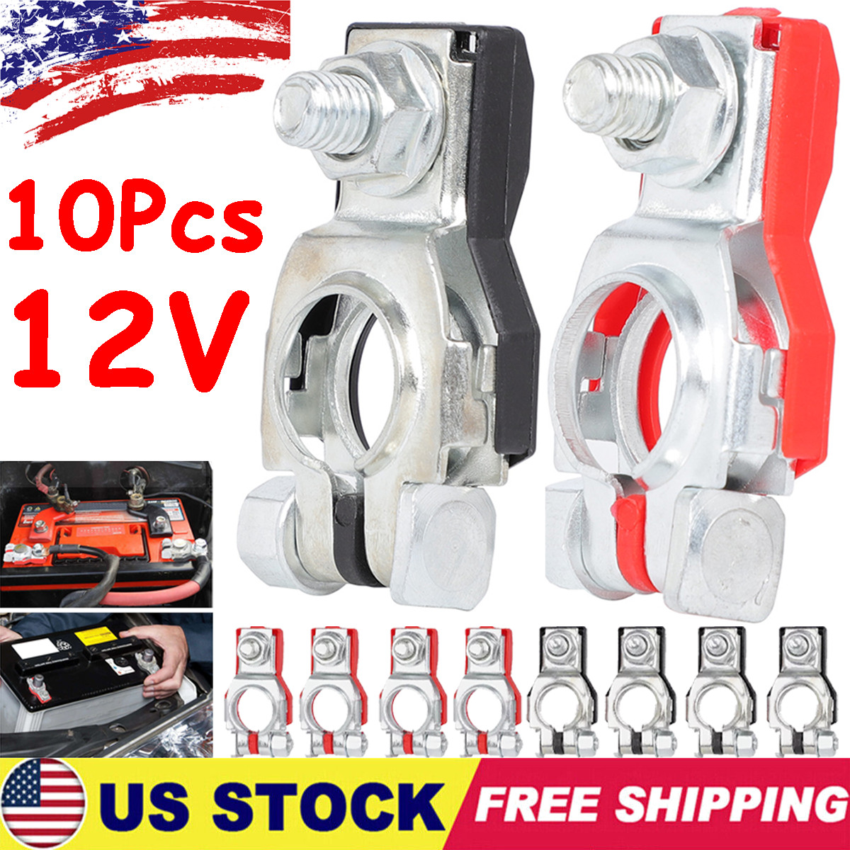 10Pcs Universal Heavy Duty Battery Terminal Connector Top Post Positive Negative