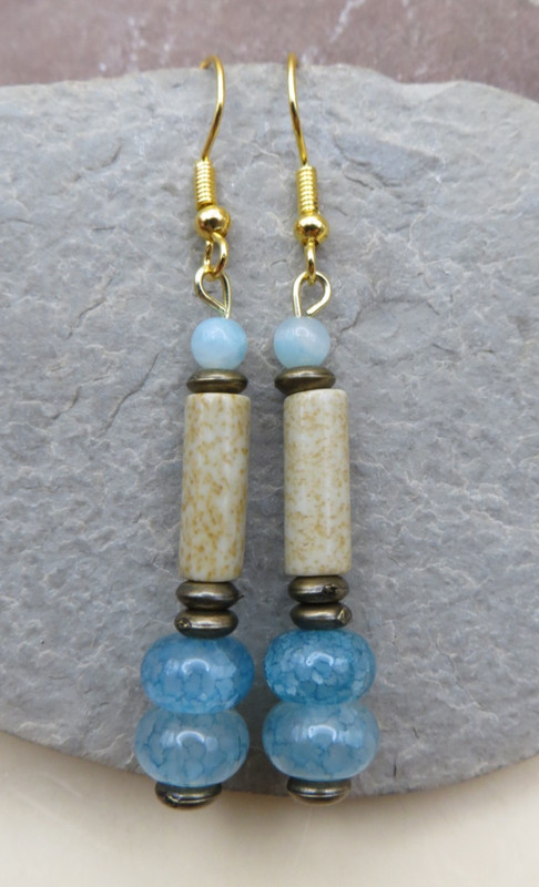 Blue Quartz Tan Picture Jasper Amazonite Yellow Gold-tone Hook Earrings #1261