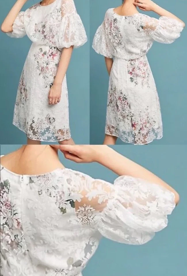 Vestido midi Tracy Reese Anthropologie Guayana Arrendamiento Floral Manga Abullonada Talla 6 DEFECTOS Foto 3 de 4