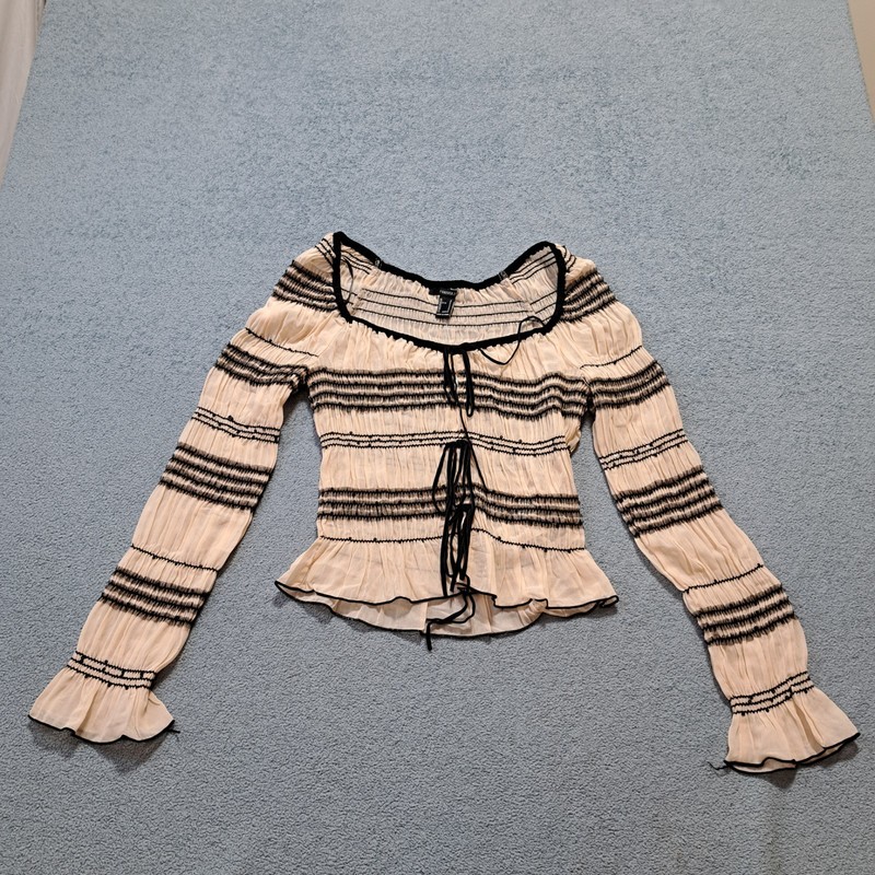 Forever 21 smocked peplum blouse Top Womens Size Small Beige Long Sleeve