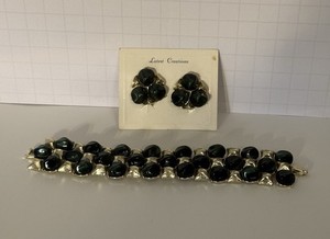 Vintage Brushed Gold Domed Green Cabochon Bracelet And Clip On Earrings Set