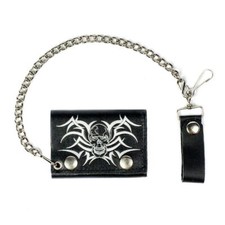 USA Made Black Leather Tribal Skull Chain Wallet Tri-Fold - Trucker Biker Wallet