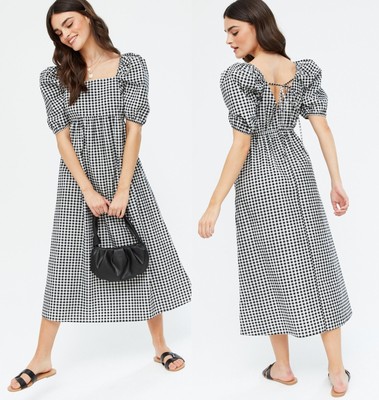 NEW LOOK Black Gingham Poplin Square Neck Puff Sleeve Midi Summer Dress  size 10 | eBay
