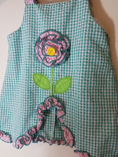 Good Lad Baby Girl 12 Months Gingham Flower Dress Ruffle Trim Teal Fun - Picture 2 of 6