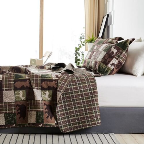 Oliven Reversible Lodge Plaid Bedding Moose Bear Quilt King Size Rustic Bedsp... - Picture 3 of 7
