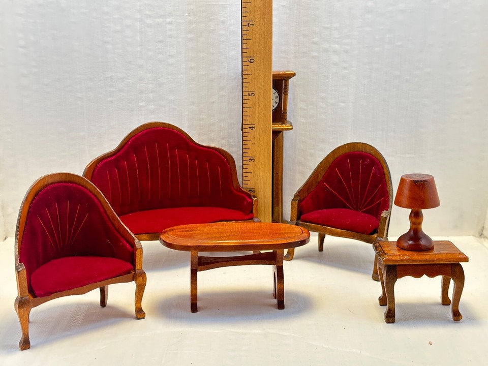 Vtg Dollhouse Living Room Furniture 7 Pc Set Velvet Settee Grandfather