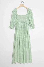  NWT Anthropologie Faithfull Lilou Smocked Maxi Dress Womens XS Green Gingham