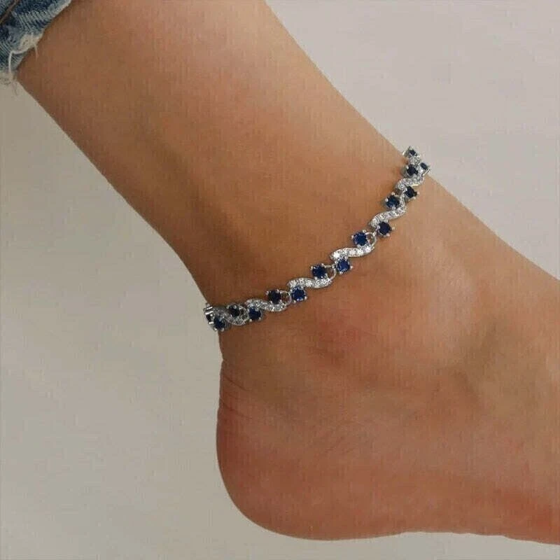 8CT Round Lab Created Blue Sapphire & Diamond Women Anklet 14K White Gold Plated - Image 2 of 4