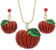 Halloween Thanksgiving Pumpkin Dangle Stud Earring Pendant Necklace Set Gift Box