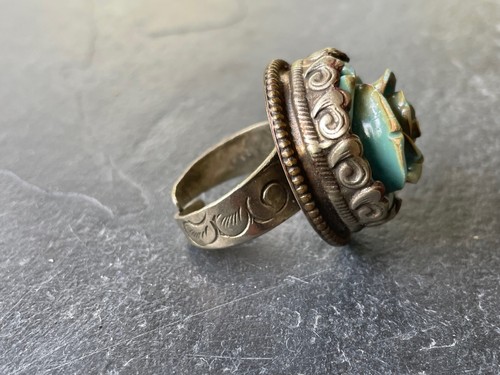 BIG Aqua Blue Flower Stretch Ring Silver Tone Handmade Artisan Vintage Statement - Picture 6 of 9