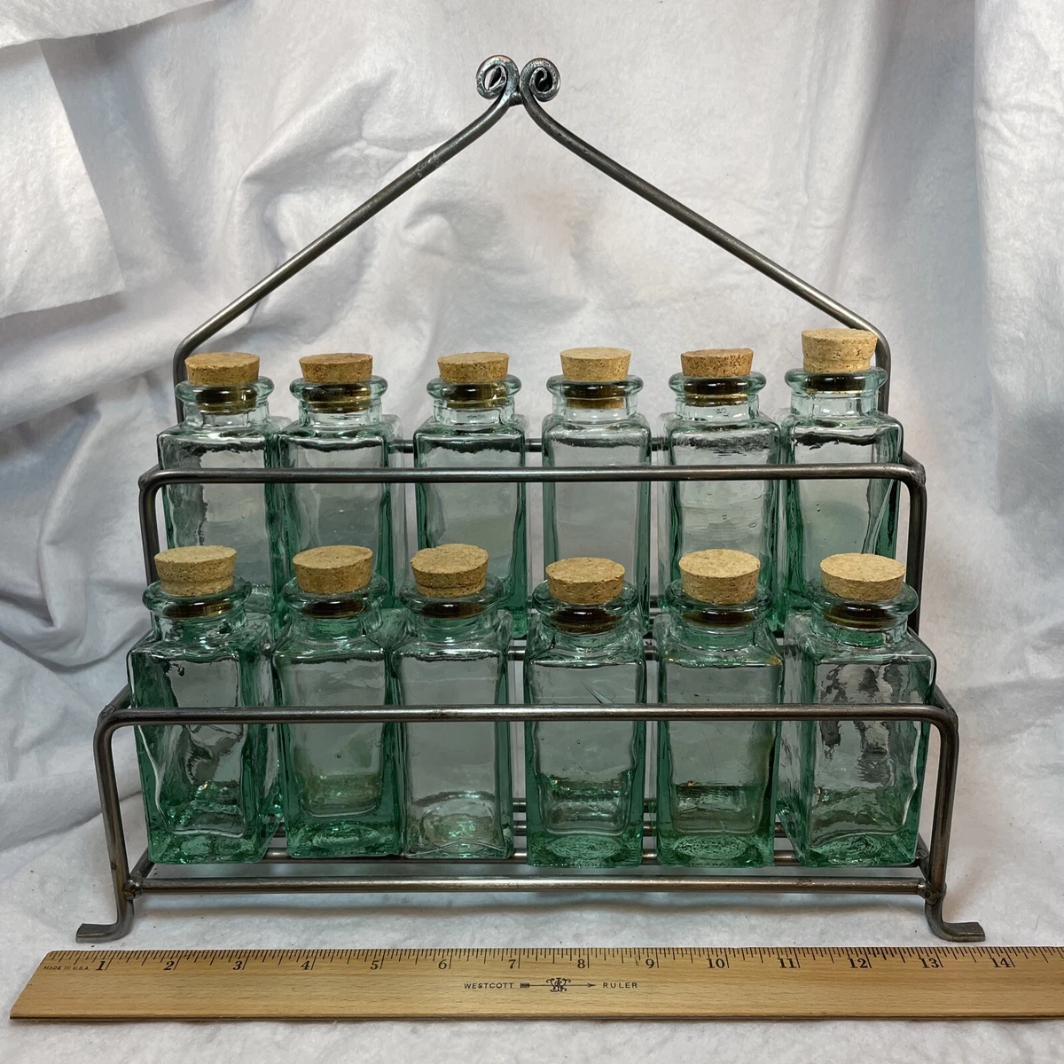 Iron Spice Rack (12) Green Glass Bottles w/cork stops, Wall Mount Complete  Set