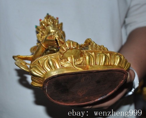 7.6"Tibet Buddhism Temple Bronze Gilt Inlay gem Yellow Jambhala Buddha Statue - Picture 6 of 6