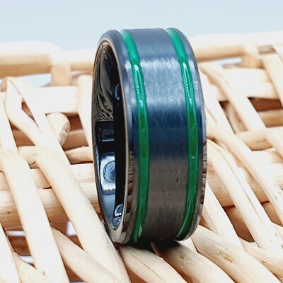 Engagement Ring | Green & Black Double Stripes Wedding Ring 8mm Brushed Tungsten