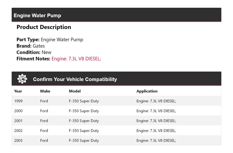 Portões de bomba de água motor diesel 2000 para 1999-2003 Ford F-350 Super Duty 7.3L V8 - Imagem 2 de 4
