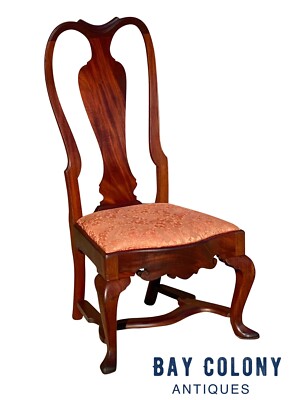 ANTIQUE QUEEN ANNE STYLE BOSTON MAHOGANY SIDE CHAIR WITH SPADE FEET & STRETCHER