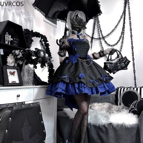 Victorian Dark Gothic Lolita Jsk Kleid Damen Rose Schleife Prinzessin Trägerkleider - Bild 5 von 14
