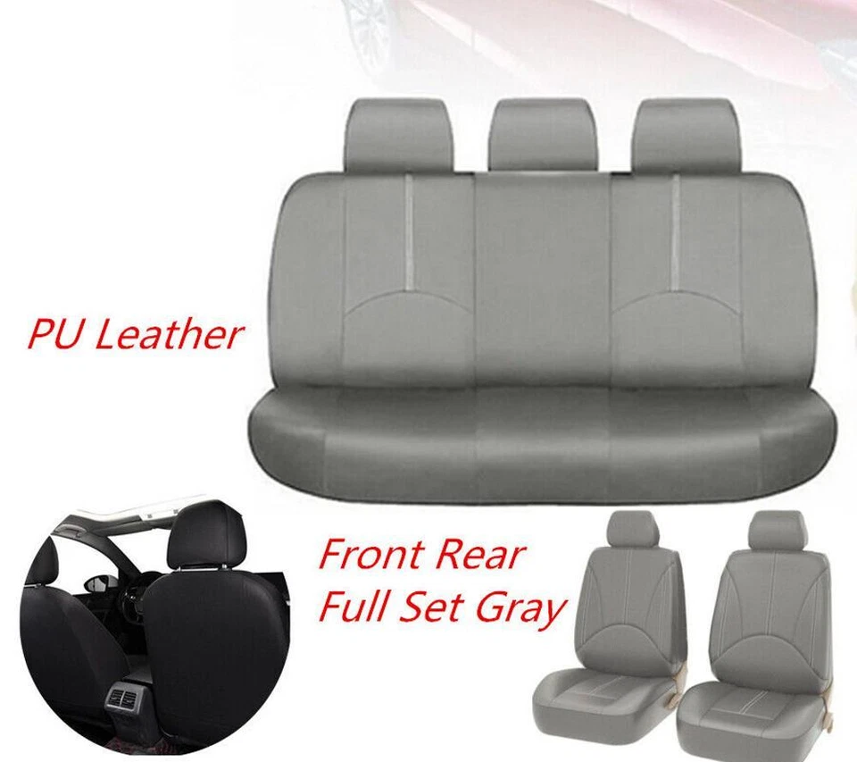 Juego completo de funda de asiento de coche de 5 asientos de cuero de lujo protector de cojín delantero trasero gris Foto 4 de 4