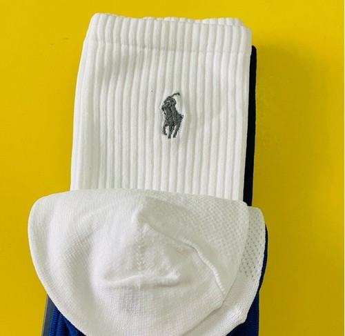 Polo Ralph Lauren Crew Socks 3 Pairs Technical Sport Black Blue White Size 10-13 - Picture 8 of 11