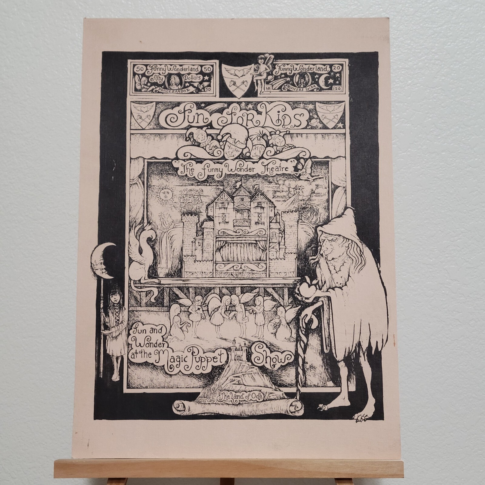 Póster de colección entintado a mano espectáculo de marionetas arte divertido teatro maravilla campamento gitano 11x16