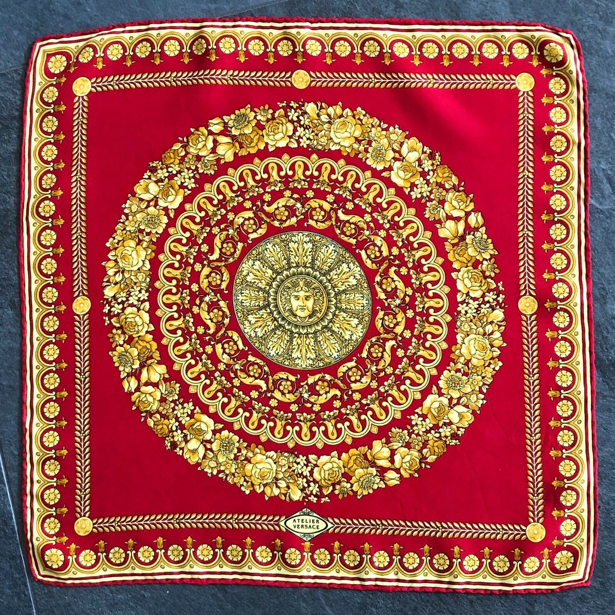 GIANNI VERSACE silk neck scarf Barocco print 17 in red