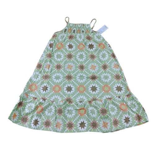 Mint Green Floral Sundress with Starburst Pattern and Ruffle Hem