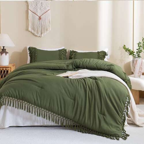 Comforter Set Queen, 3 Pieces Boho Tassel Queen (90"x90") Olive Green - Picture 1 of 7