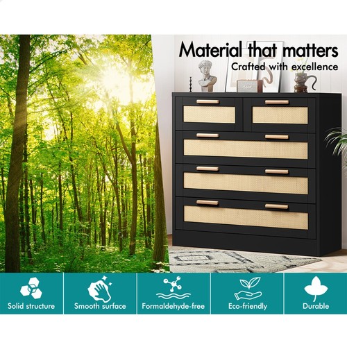 ALFORDSON 5 Chest of Drawers Storage Cabinet Rattan Dresser Tallboy Black - Picture 6 of 12