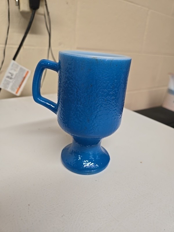 Vintage Milk Glass Anchor Hocking Blue Irish Coffee Mug Pedestal