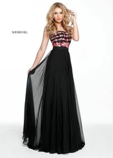 Sherri Hill Strapless Black Chiffon A-Line Gown 50984 Floral Beaded Bodice 10
