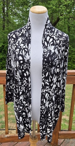 Chico’s Womens Open Cardigan Sz 3 Linen Blend Black Cream Floral Classic - 第 1/13 張圖片