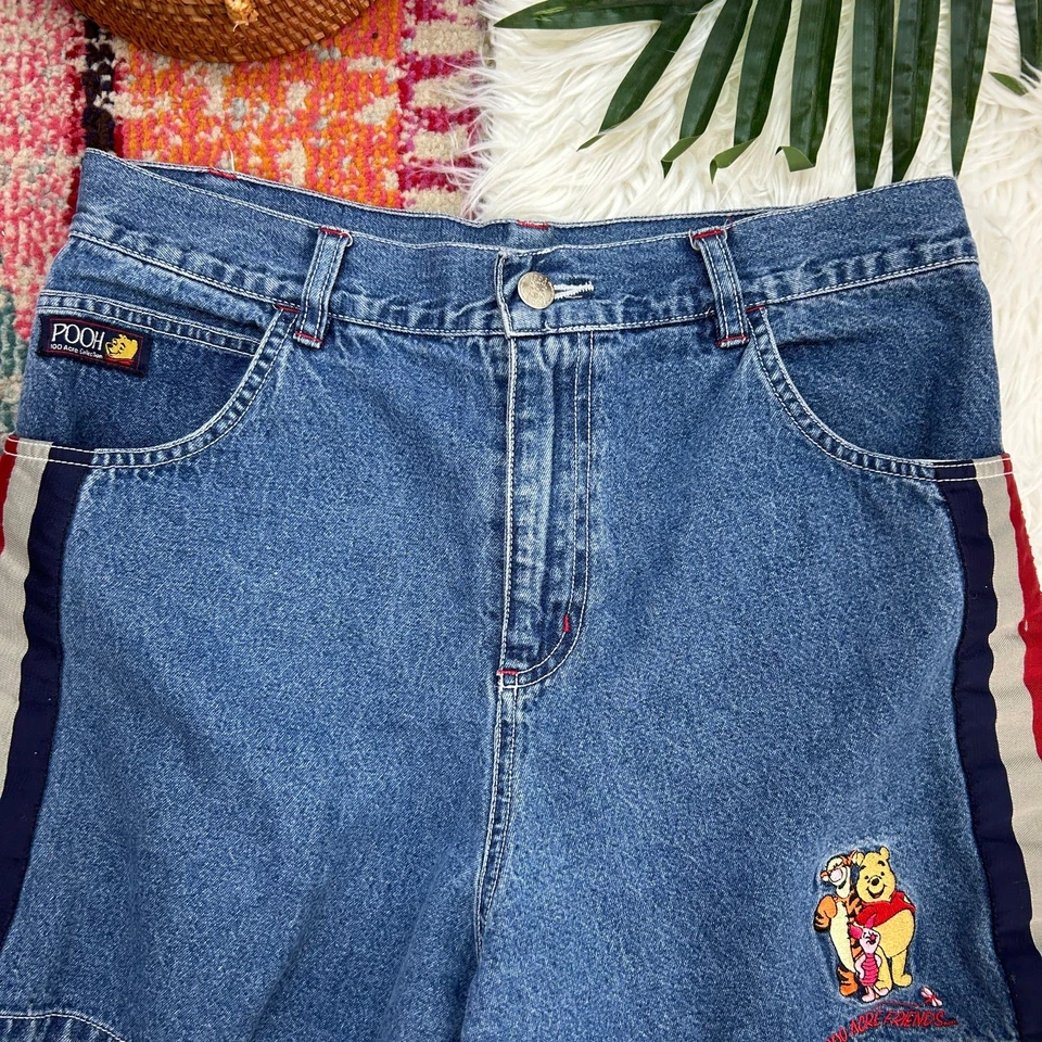 Vintage Y2K 2000s Disney Pooh 100 Acre Friends Striped Denim Jean Short 13/14 - Image 4 of 4
