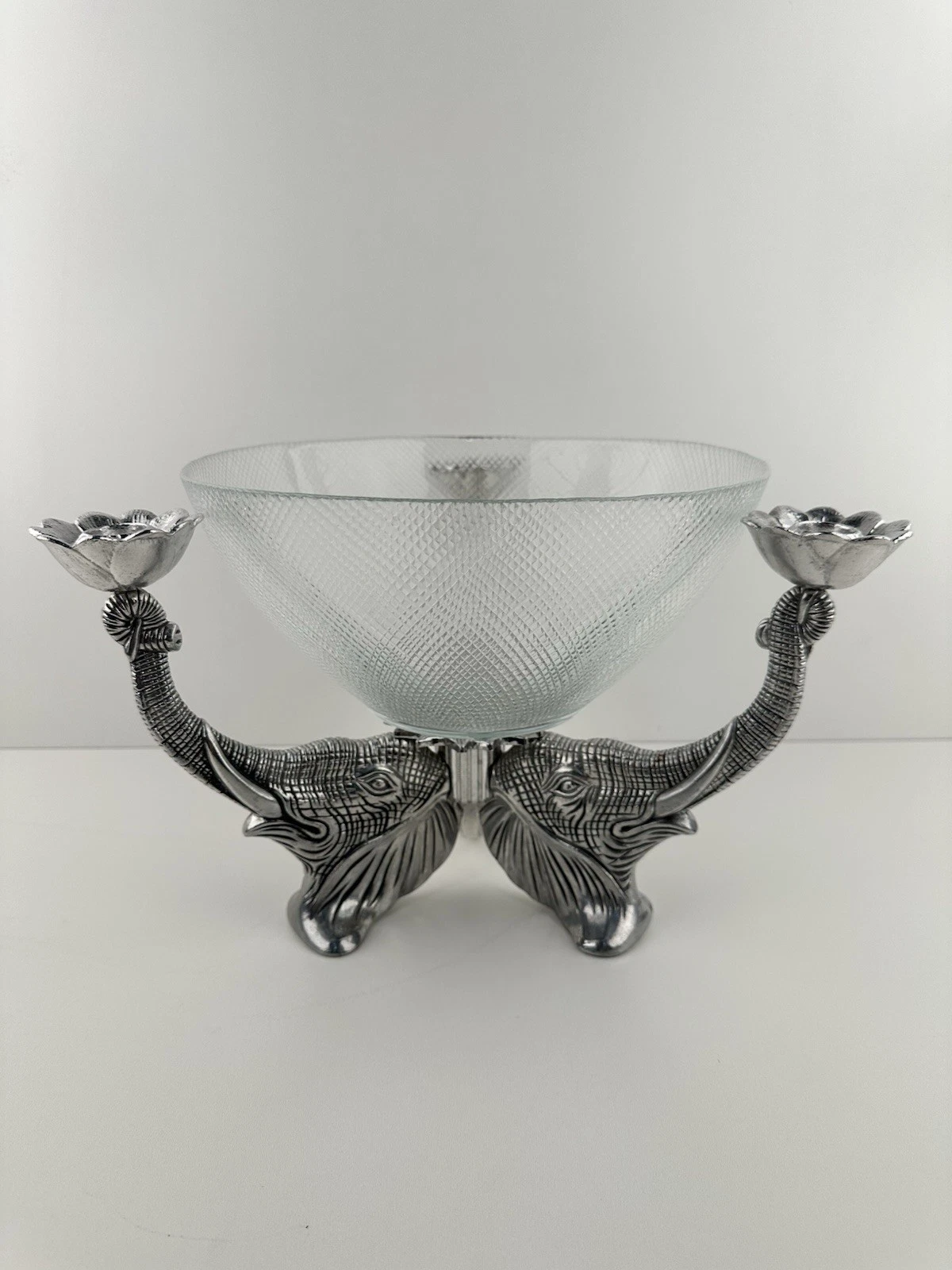Arthur Court Signed Pewter Elephant Stand w  Large Textured Glass Bowl