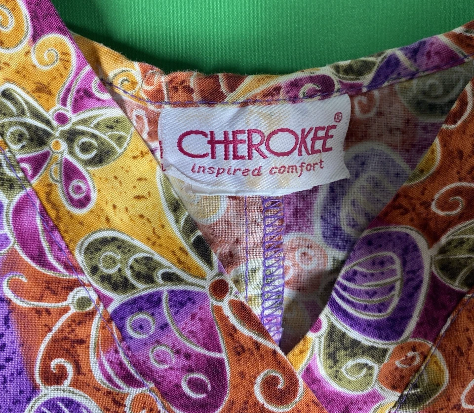 Large Vibrant Colorful Spring Time Butterfly Cherokee Scrub Top - Image 3 of 4
