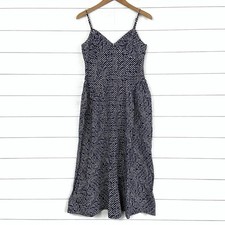 MADEWELL Cotton Midi Dress Basque Waistline Square Print Navy Blue Summer 6