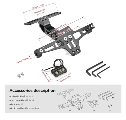 Universal Motorcycle License Plate Bracket Fender Eliminator Kit w/Light Black - Picture 6 of 9