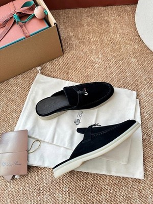 Loro Piana Summer Walk Suede Mules Dark Blue Backless Loafers Full